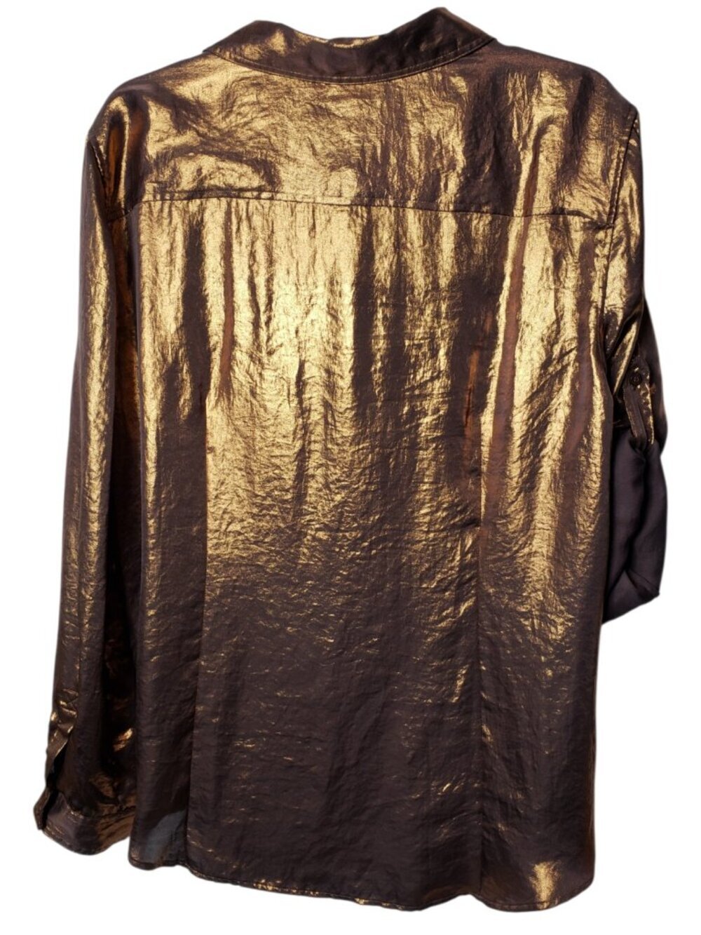 Calvin Klein Button Up Roll Tab Sleeves Womens Shirt Metallic Bronze XLarge - Picture 3 of 12